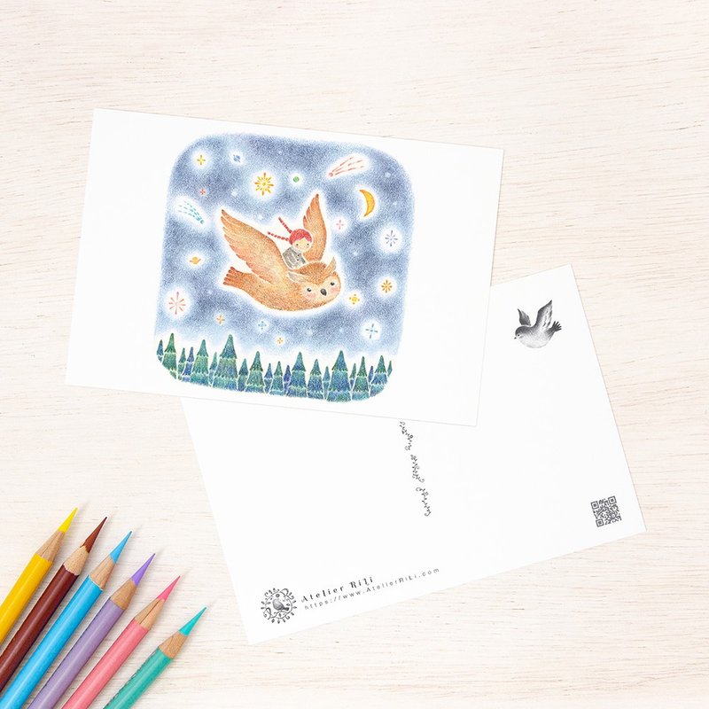 Set of 5 pieces. Like a picture book. Postcard Flying in the night sky, Owl and Girl PC-1190 - 卡片/明信片 - 纸 多色