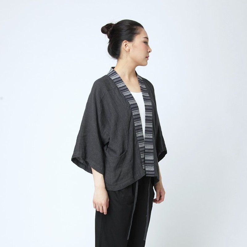 不服  軟亞麻中性拼色民族風開衫 日系道袍 O160302 - 女装上衣 - 棉．麻 灰色