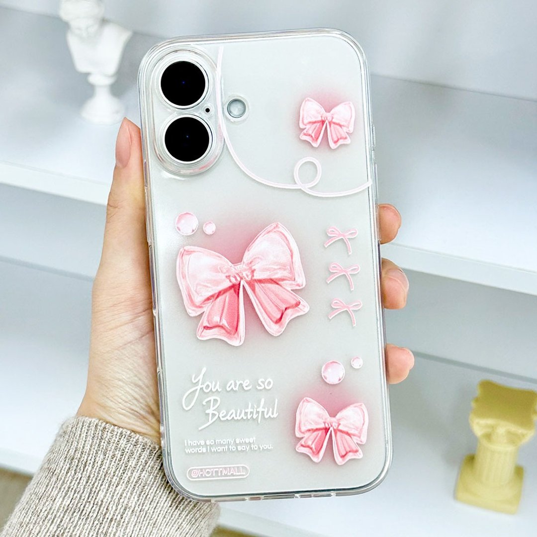 iPhone 16/15/14/13/12/11/XS/XR/7/8/SE2/SE3 粉红缎带透明手机壳 - 手机壳/手机套 - 塑料 多色