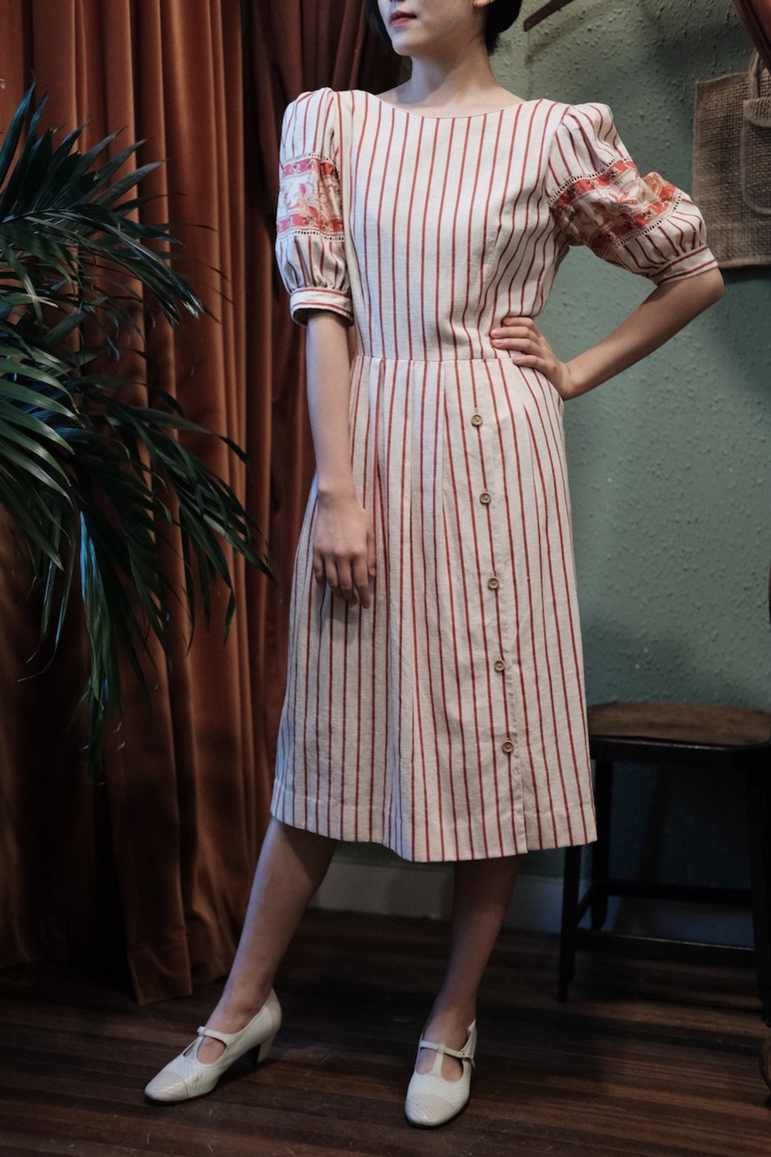 Vintage dress美产条纹拼布印花连衣裙古着洋装 - 洋装/连衣裙 - 棉．麻 