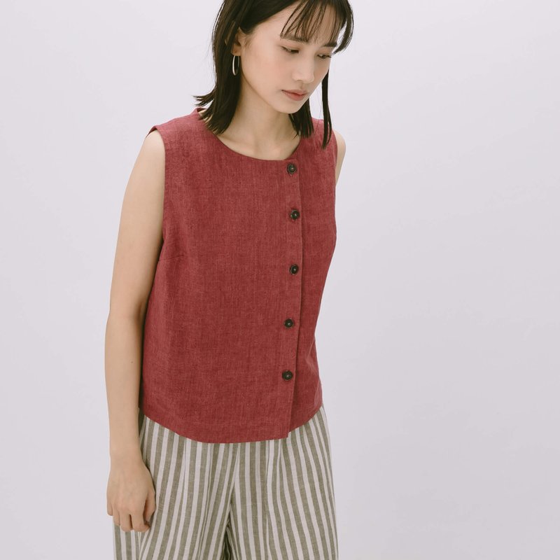 俐落短版排扣背心 - 莓红 - 女装背心 - 棉．麻 红色