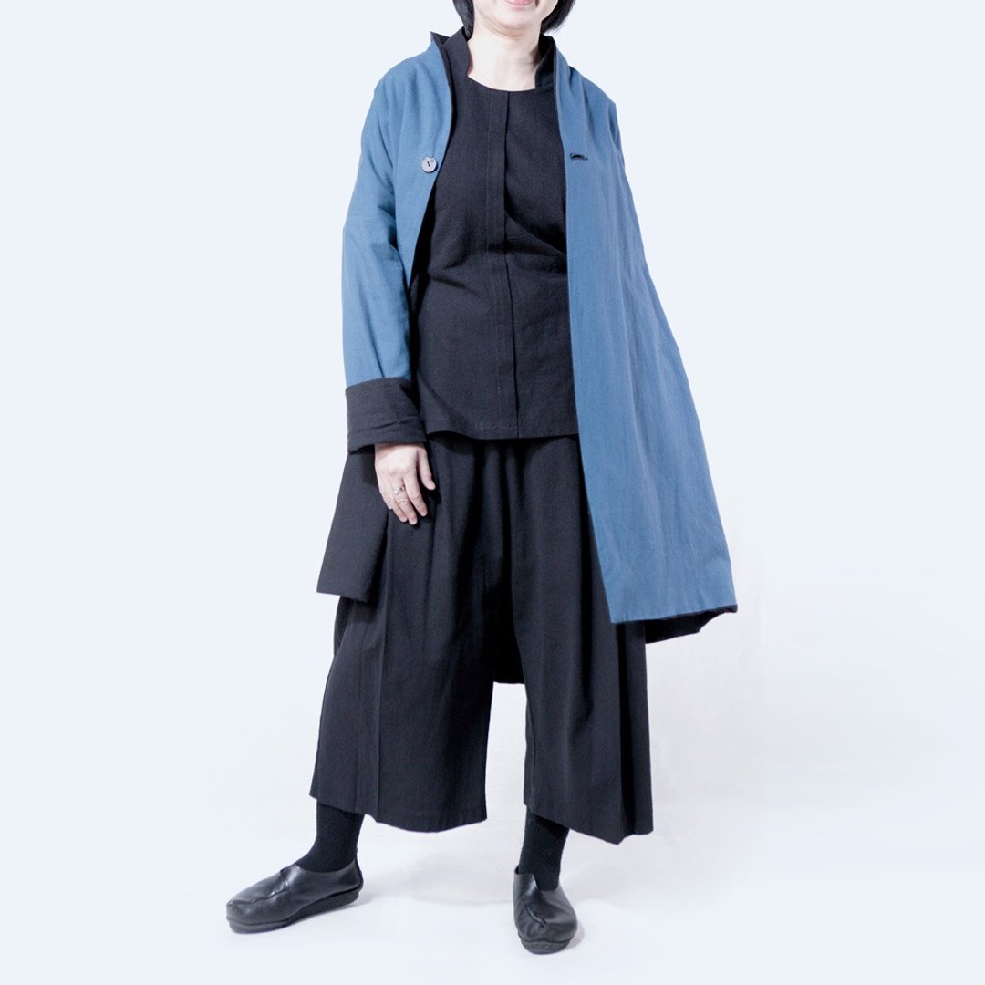 双面银杏领长版罩衫 | 日本蓝色 - 女装休闲/机能外套 - 棉 