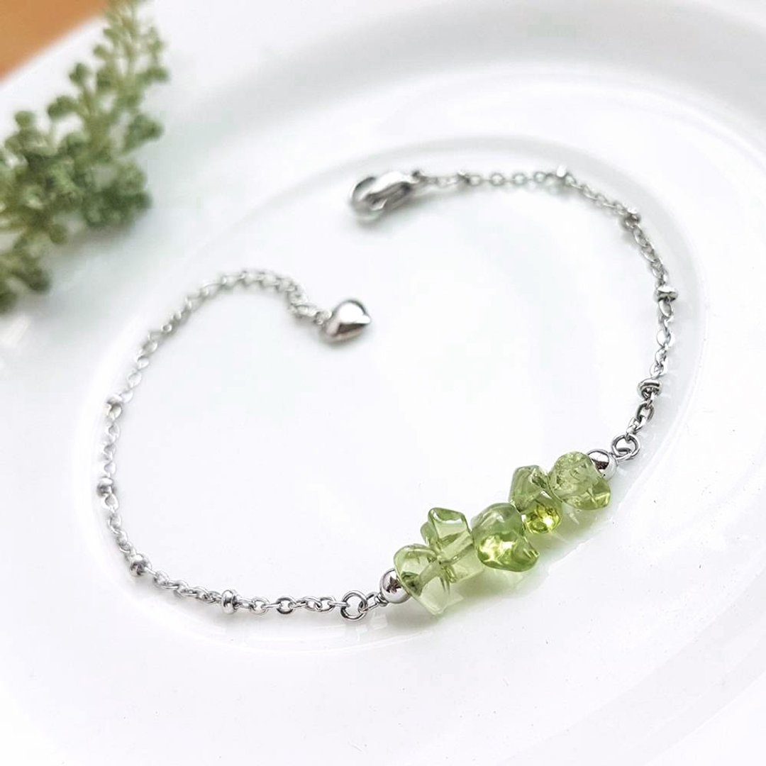 <订制款> 橄榄石Peridot 原石 白钢手链 不怕水不变色 - 手链/手环 - 不锈钢 绿色
