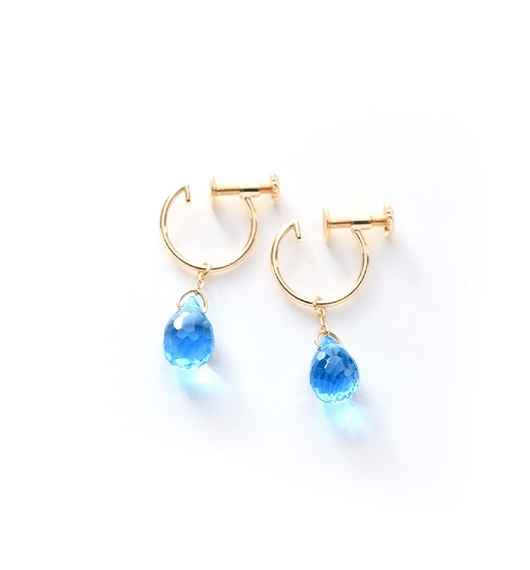 November Birthstone Single Blue Topaz (Briolette Cut) K10 Clip-On~ESPOIR~ - 耳环/耳夹 - 宝石 蓝色