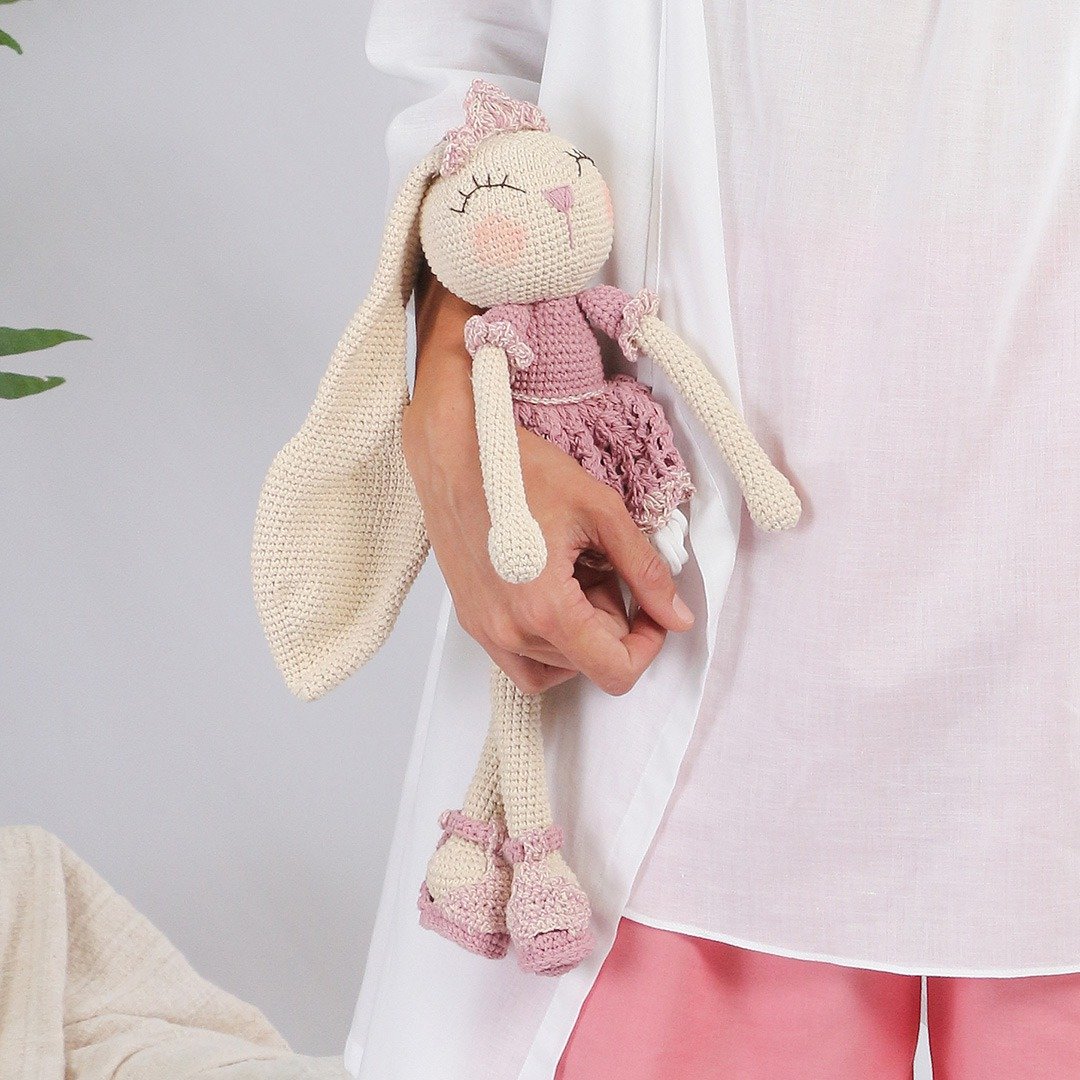 Natural Dyed Cotton Crochet Bunny Doll, Sayuri, Pink - 玩具/玩偶 - 棉 粉红色
