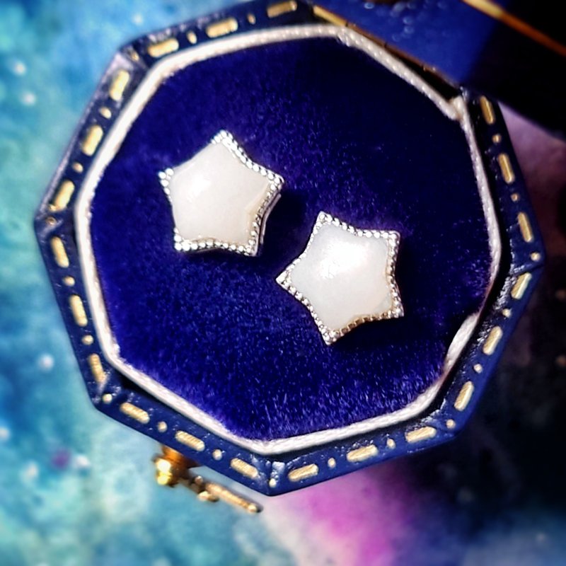 小星星卜面月亮石电镀18K白金纯银耳环 - 耳环/耳夹 - 半宝石 白色