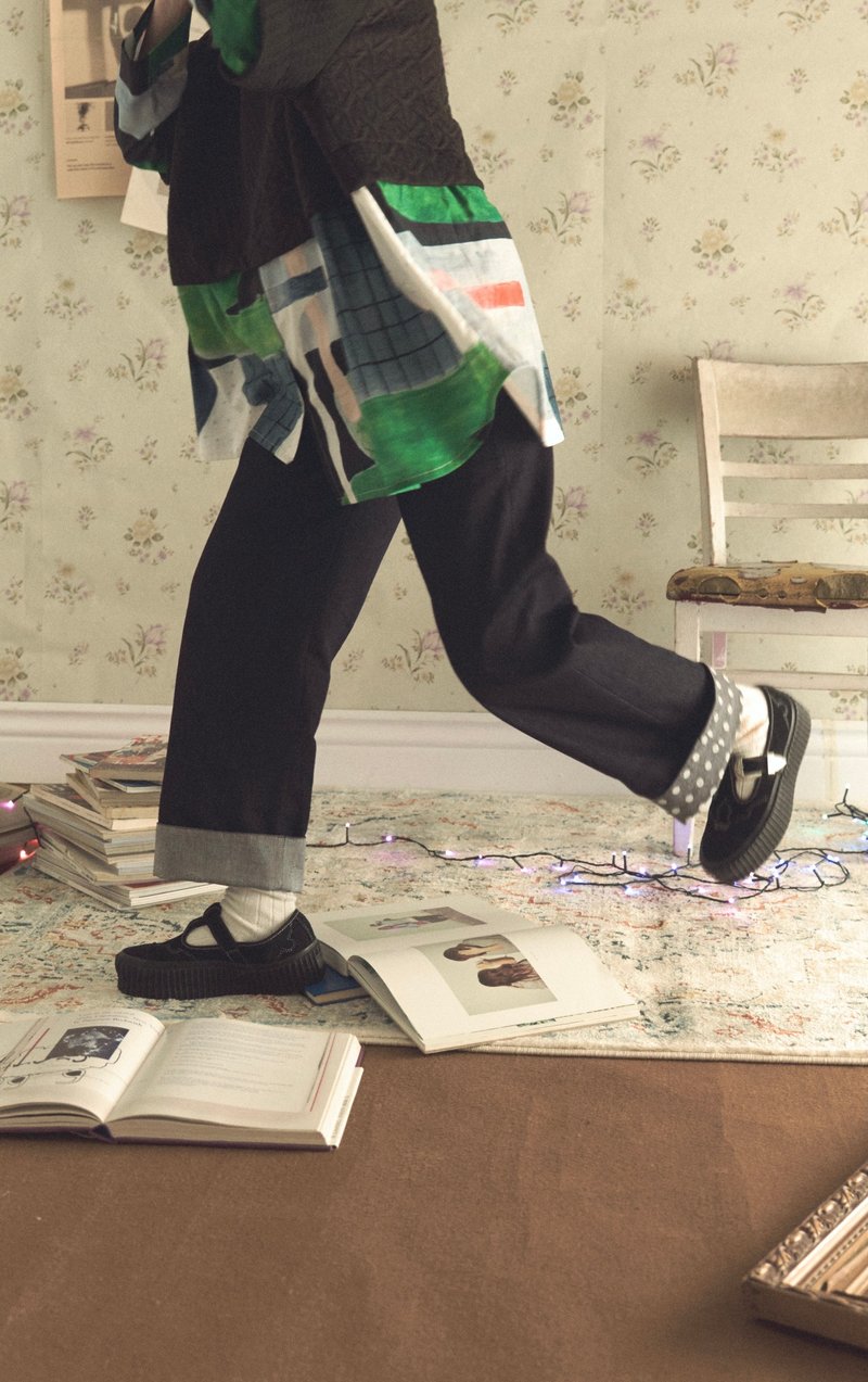 反折直筒牛仔裤     左右脚不同花色款 - 中性裤装 - 棉．麻 蓝色