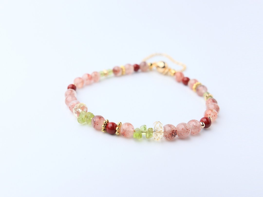 金莓小结界 金草莓 超七 朱砂 橄榄石 黄水晶 水晶手链 防护罩 - 手链/手环 - 水晶 红色
