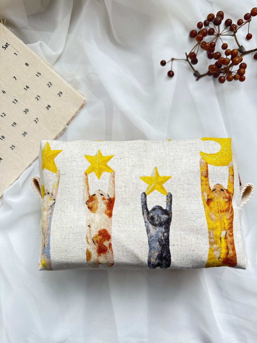 【好日手作】日系风格猫猫摘星摘月手作笔袋化妆包收纳包礼物 - 铅笔盒/笔袋 - 棉 橘色