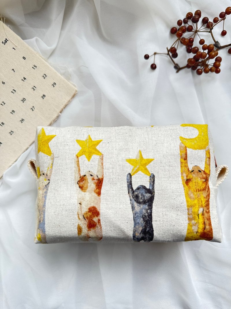【好日手作】日系风格猫猫摘星摘月手作笔袋化妆包收纳包礼物 - 铅笔盒/笔袋 - 棉 橘色