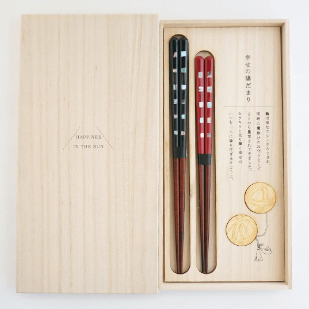 Hyosaemon 筷子/筷架 快乐阳光情侣套组 洗碗机安全筷子/冲贝 x2 套，筷架 x2，泡桐盒 - 筷子/筷架 - 木头 
