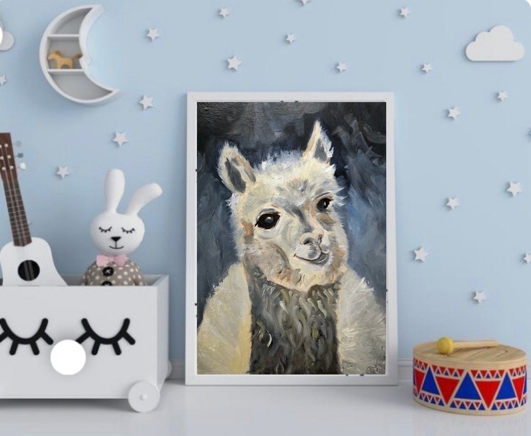 Llama original oil painting animal art children room handmade - 墙贴/壁贴 - 其他材质 灰色