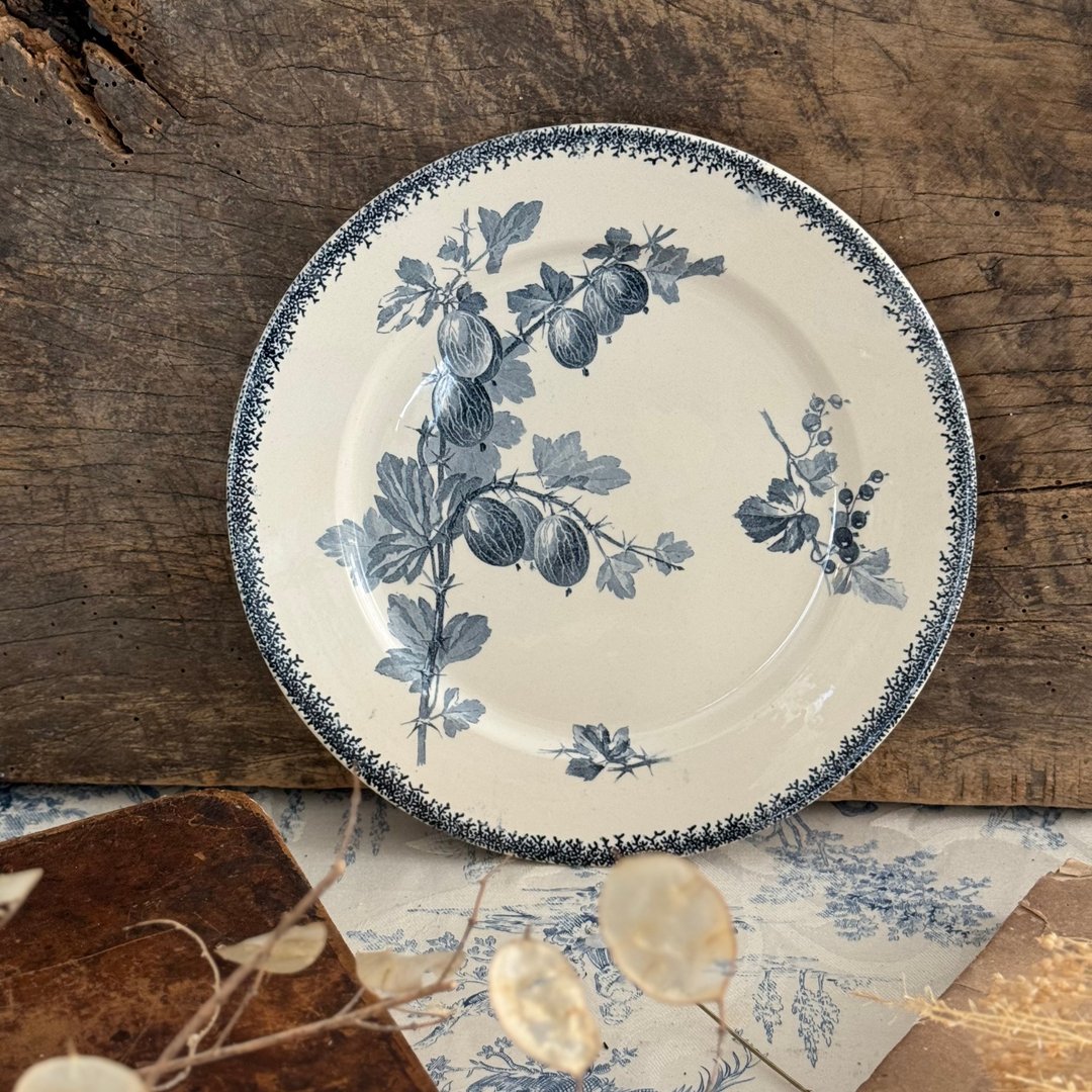 40654-浪漫法国古董U&Cie Sarreguemines蓝色花果浅盘Groseilles - 盘子/餐盘/盘架 - 瓷 