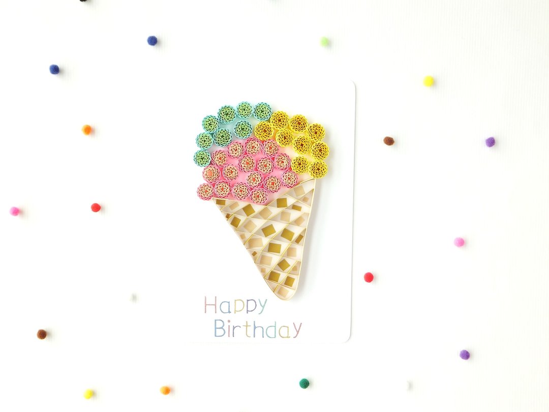 手作卷纸卡片-甜甜祝福 冰淇淋生日卡 - 卡片/明信片 - 纸 多色