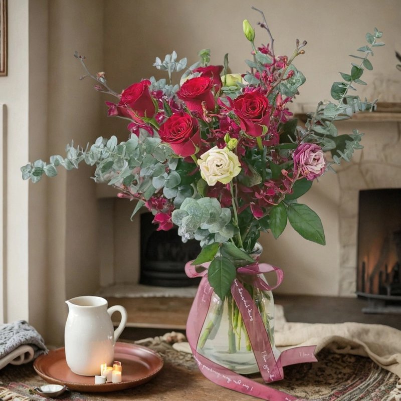 鲜花玻璃花瓶摆设 (红玫瑰6支、桔梗等) GF00190 - 植栽/盆栽 - 植物．花 