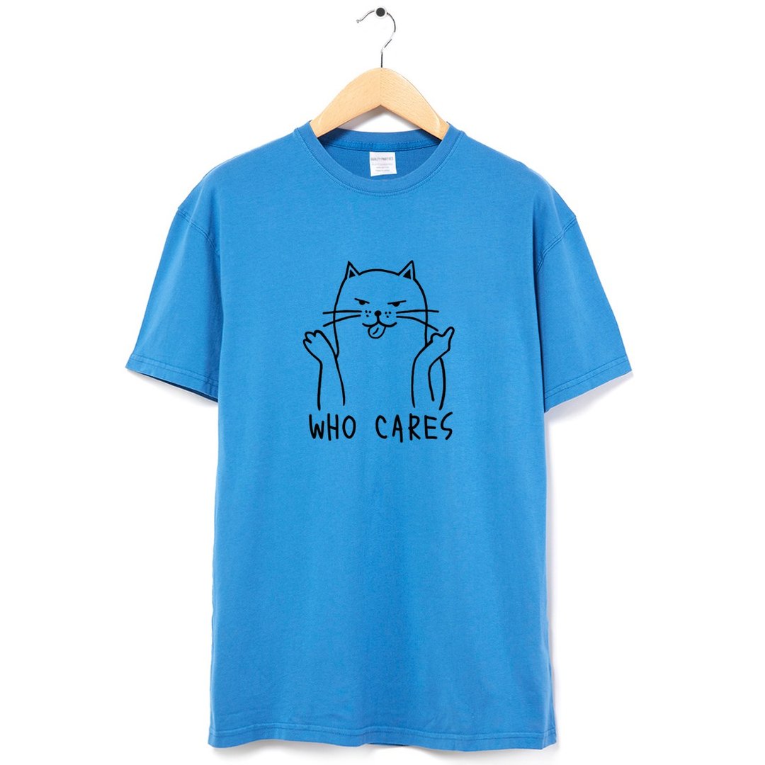 Who Cares Cat #2 中性短袖T恤 蓝色 狗猫毛小孩礼物圣诞猫之日 - 女装 T 恤 - 棉 蓝色