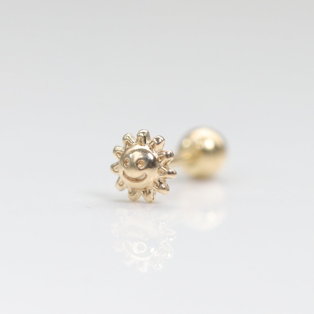 14K 微笑太阳锁珠耳环(单个)耳骨 耳窝 不退色 - 耳环/耳夹 - 贵金属 金色