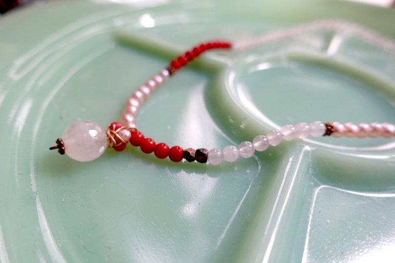 日本琉球中古粉晶红珊瑚珍珠宝石颈链项链 高级二手古着珠宝首饰 - 项链 - 宝石 粉红色