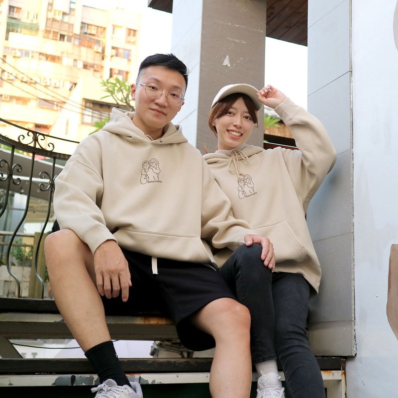 INS风简约手绘刺绣刷毛帽t / 生日 情侣 定制化 礼物 - 中性连帽卫衣/T 恤 - 棉．麻 卡其色