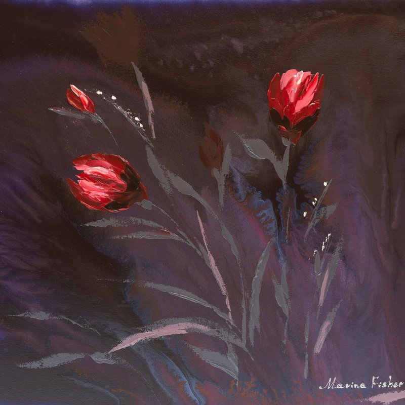 Tulips Painting Bouquet Flowers Original Art Pink Floral Wall Art Plant Artwork - 海报/装饰画/版画 - 其他材质 红色