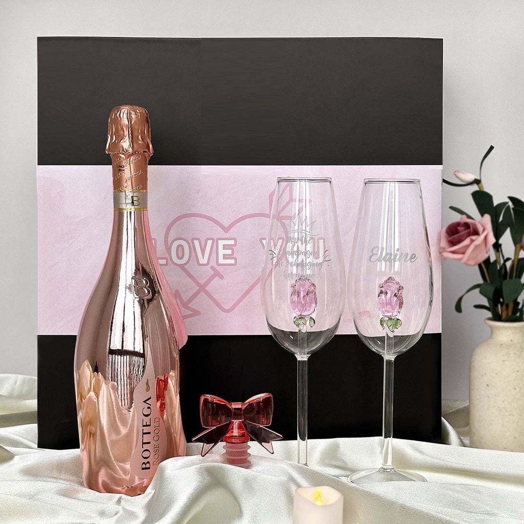 Bottega Manzoni Moscato Rose立体玫瑰花香槟杯礼盒情侣周年礼物 - 酒类 - 玻璃 