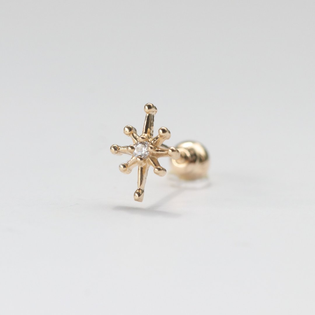 14K 光芒放射锁珠耳环 (单个)耳骨 耳窝 不退色 - 耳环/耳夹 - 贵金属 金色