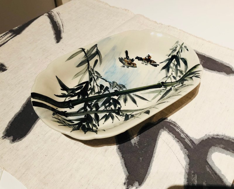 纯手工绘制盘 竹报平安 陶瓷 高温烧制 水墨风 仅此一件 - 盘子/餐盘/盘架 - 瓷 粉红色