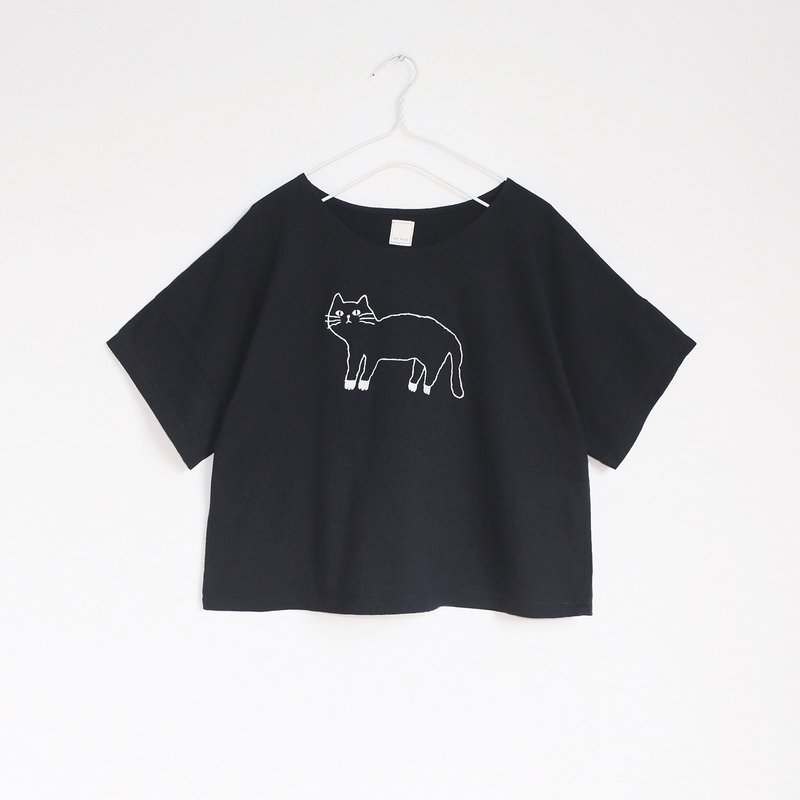 white socks cat t-shirt : black - 女装 T 恤 - 棉．麻 黑色
