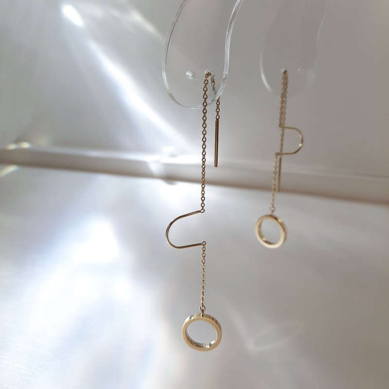 圆型316医疗钢耳环/14K金色 耳针 垂坠式 链式 不锈钢耳环 抗敏钢 - 耳环/耳夹 - 不锈钢 金色