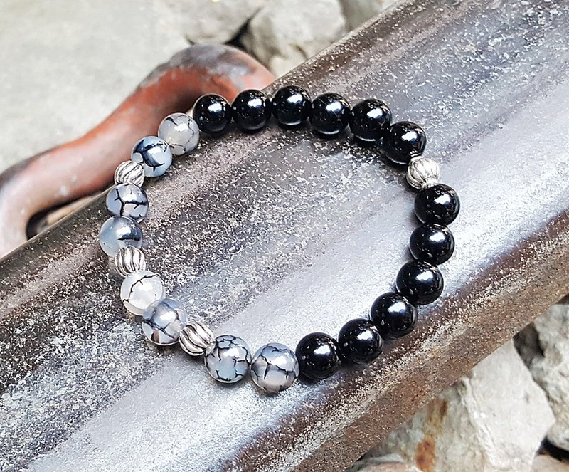 心之所向-坚定之心 龙纹玛瑙x黑玛瑙纯银手链 天然石手创 极简 - 手链/手环 - 宝石 黑色