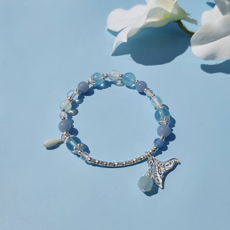 岛屿独白。海水蓝宝 蛋白石 天使石 S925纯银 水晶矿石设计手链 - 手链/手环 - 水晶 蓝色