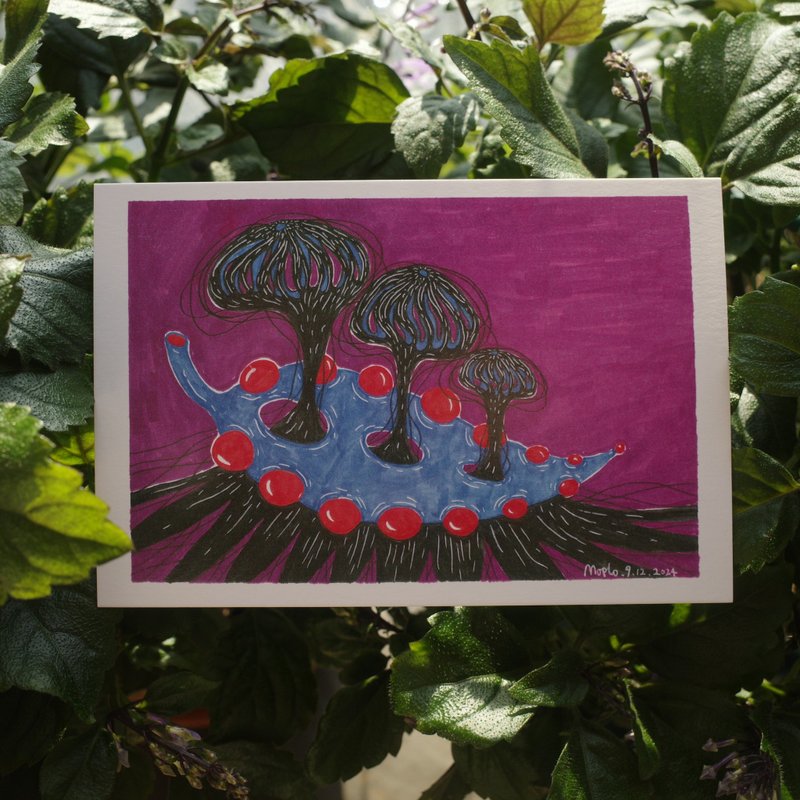 蘑菇与蓝色叶子 原创手绘插画 明信片 148*100mm 1张 - 卡片/明信片 - 纸 多色