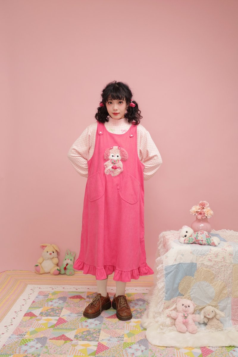 昭和少女 小狗玩偶灯芯绒连身裙 - 洋装/连衣裙 - 其他材质 粉红色