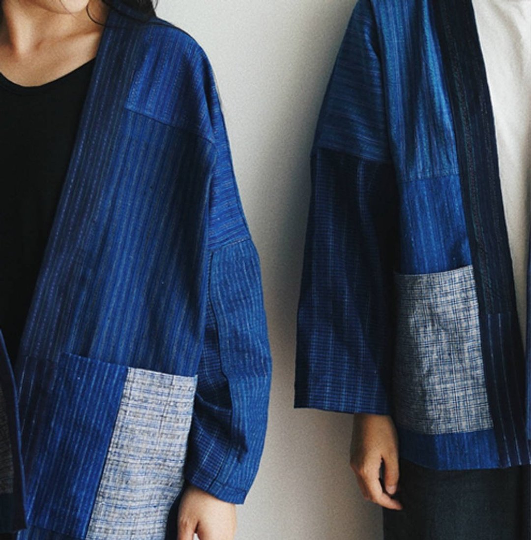 藍條紋土布 情侶款秋冬拼布外套 日式手織老土布 和風道袍Kimono - 女装休闲/机能外套 - 棉 蓝色