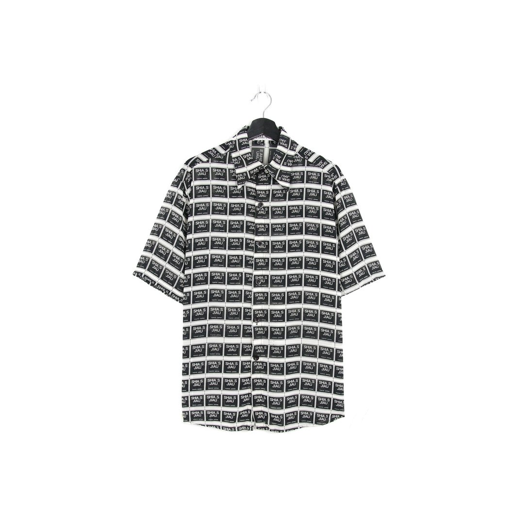 Back to Green- 短袖花衬衫 黑白格字体 /vintage shirts - 男装衬衫 - 聚酯纤维 