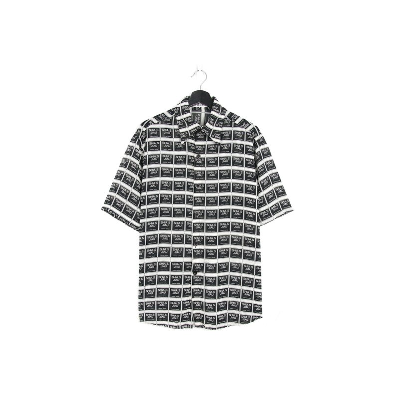 Back to Green- 短袖花衬衫 黑白格字体 /vintage shirts - 男装衬衫 - 聚酯纤维 