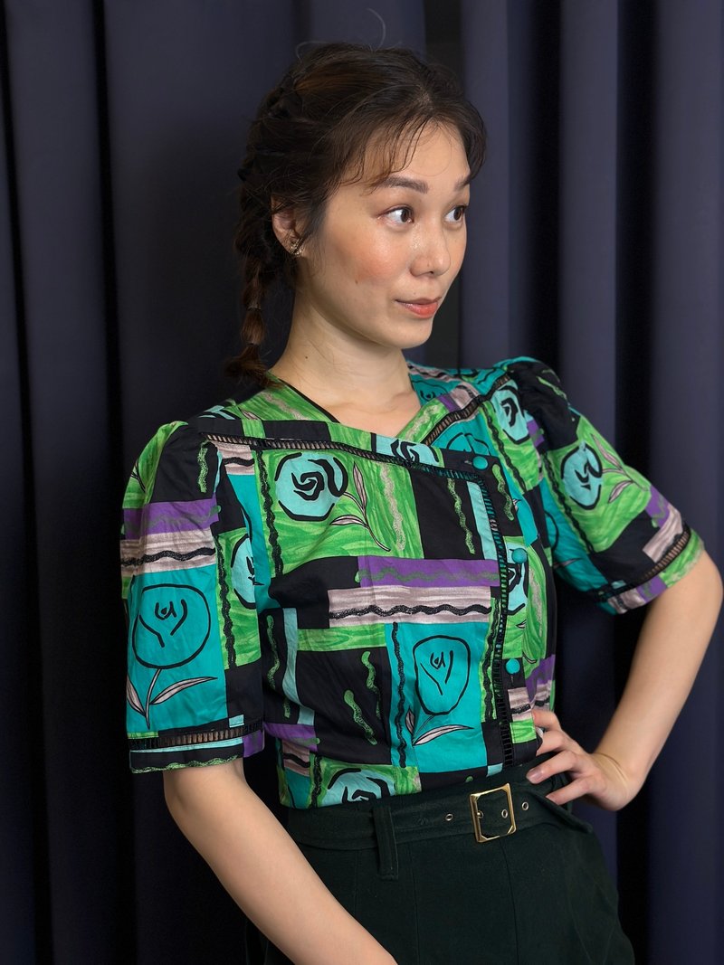 绿花公主斜领上衣 - 女装上衣 - 棉．麻 绿色