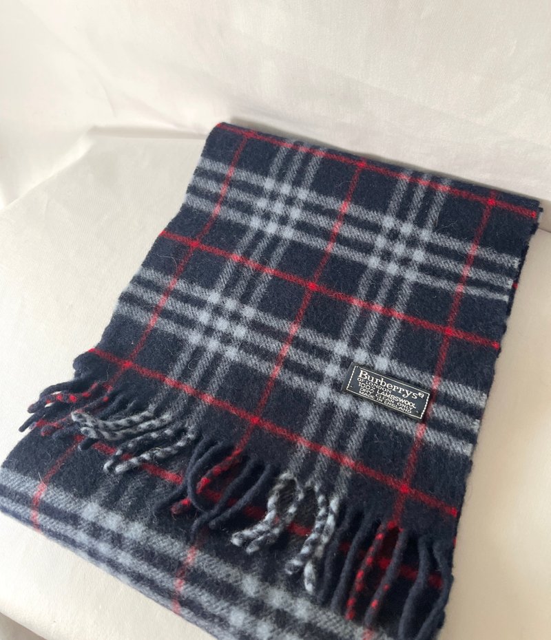 Burberry Scarf经典深蓝色格纹流苏颈巾 全羊毛 日本中古Vintage - 围巾/披肩 - 羊毛 咖啡色