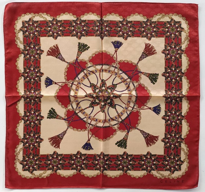 Celine 古董丝巾 缇花织纹 – 凯尔特结与流苏图案 23 x 23 英寸 - 丝巾 - 棉．麻 咖啡色