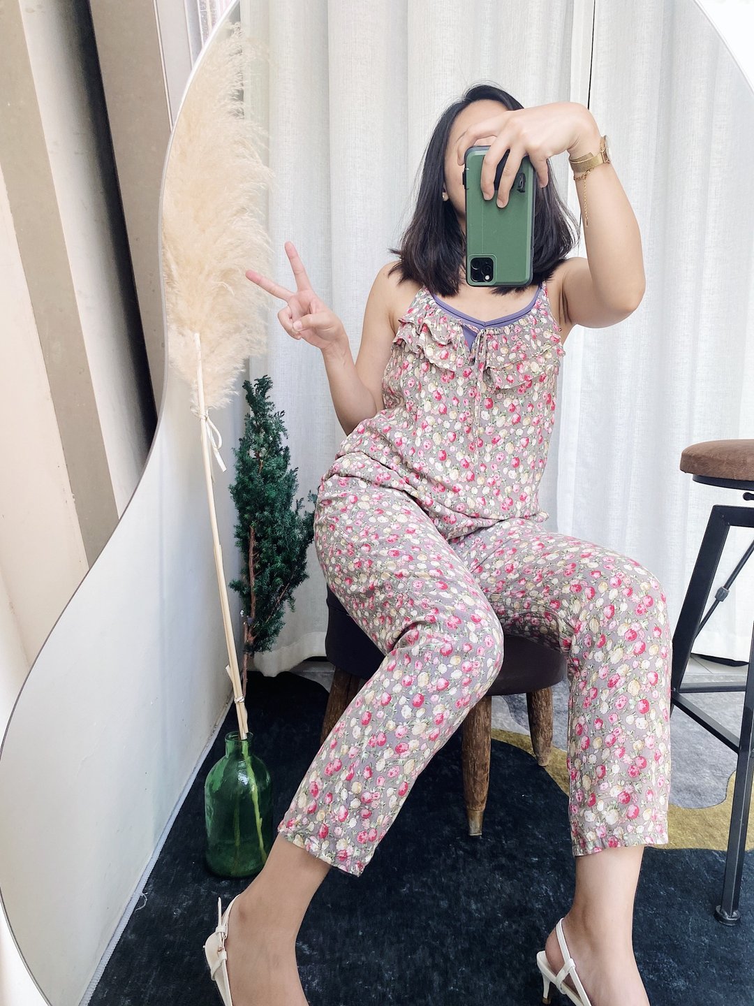 浅灰浪漫碎花绑绳恋爱细肩女孩 古着丝质连身裤吊带裤overalls - 背带裤/连体裤 - 丝．绢 多色