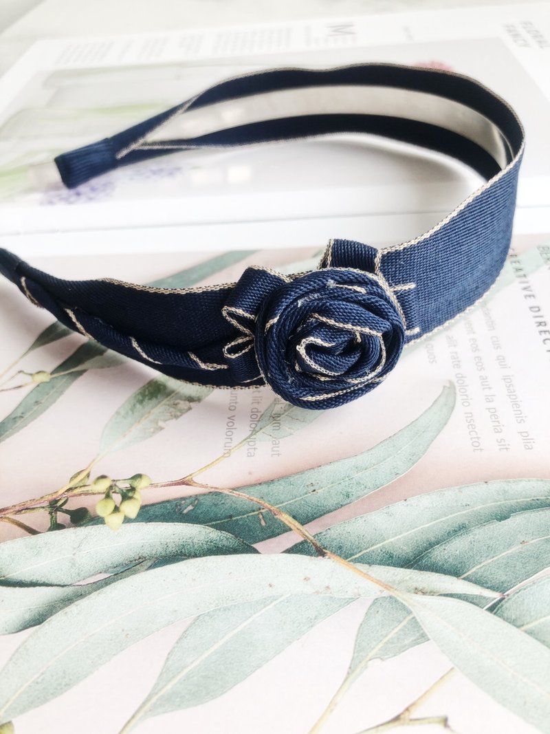 复古藏蓝色玫瑰花侧边发箍发饰头饰 - 发带/发箍 - 棉．麻 蓝色