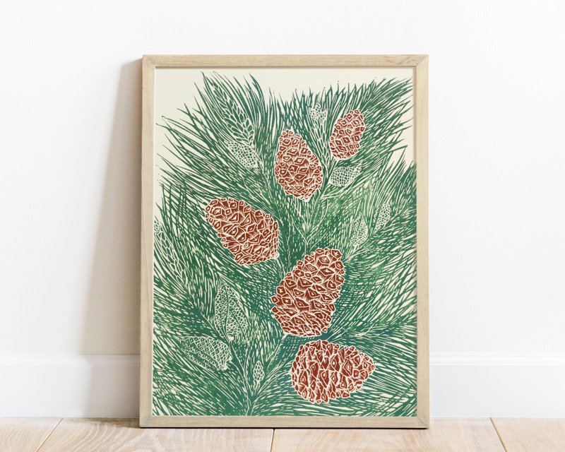 Linocut 印花绿色和棕锥体中性松树墙艺术原创艺术品 - 海报/装饰画/版画 - 纸 绿色