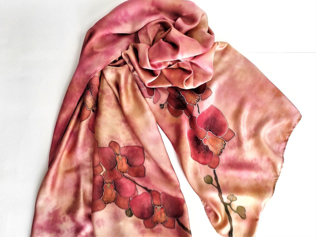 Beautiful long silk scarf Hand painted scarf Orchid print scarf silk satin scarf - 丝巾 - 丝．绢 粉红色