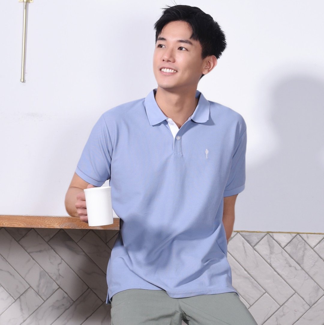 男版经典Polo∣白色开襟跳色蓝鹊电绣。婴儿蓝风格4色。透气亲肤 - 男装上衣/T 恤 - 棉 