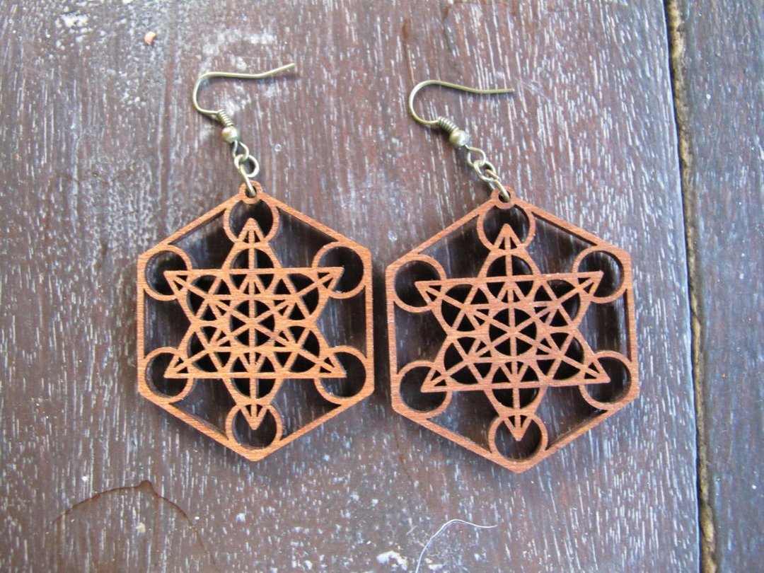 Metathron's Cube earrings wood jewelry - 耳环/耳夹 - 木头 咖啡色