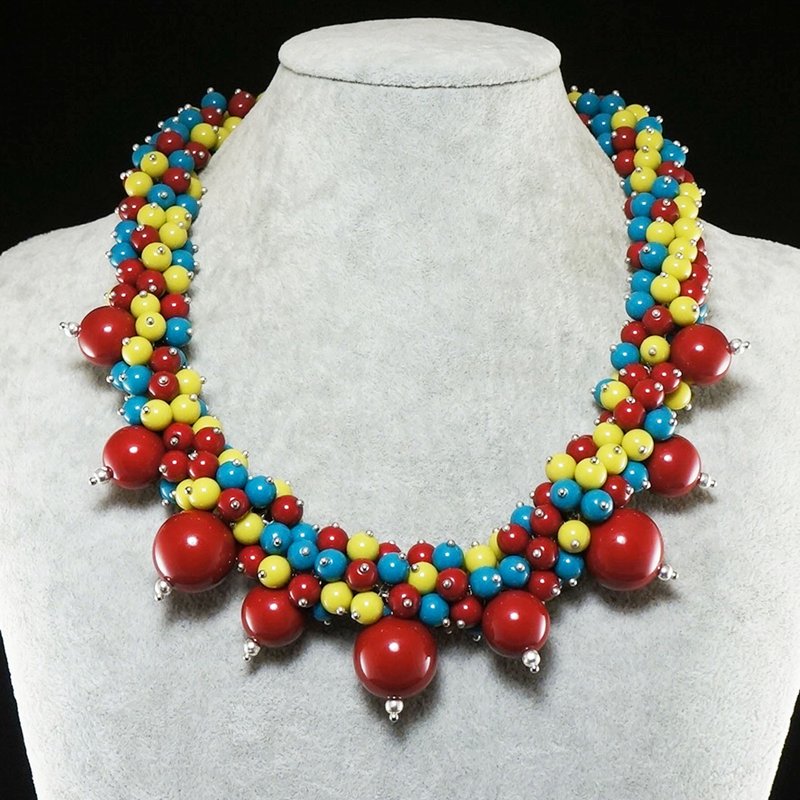 樱桃红蓝色黄色大串珠项链粗多色项链首饰 - 项链 - 树脂 红色