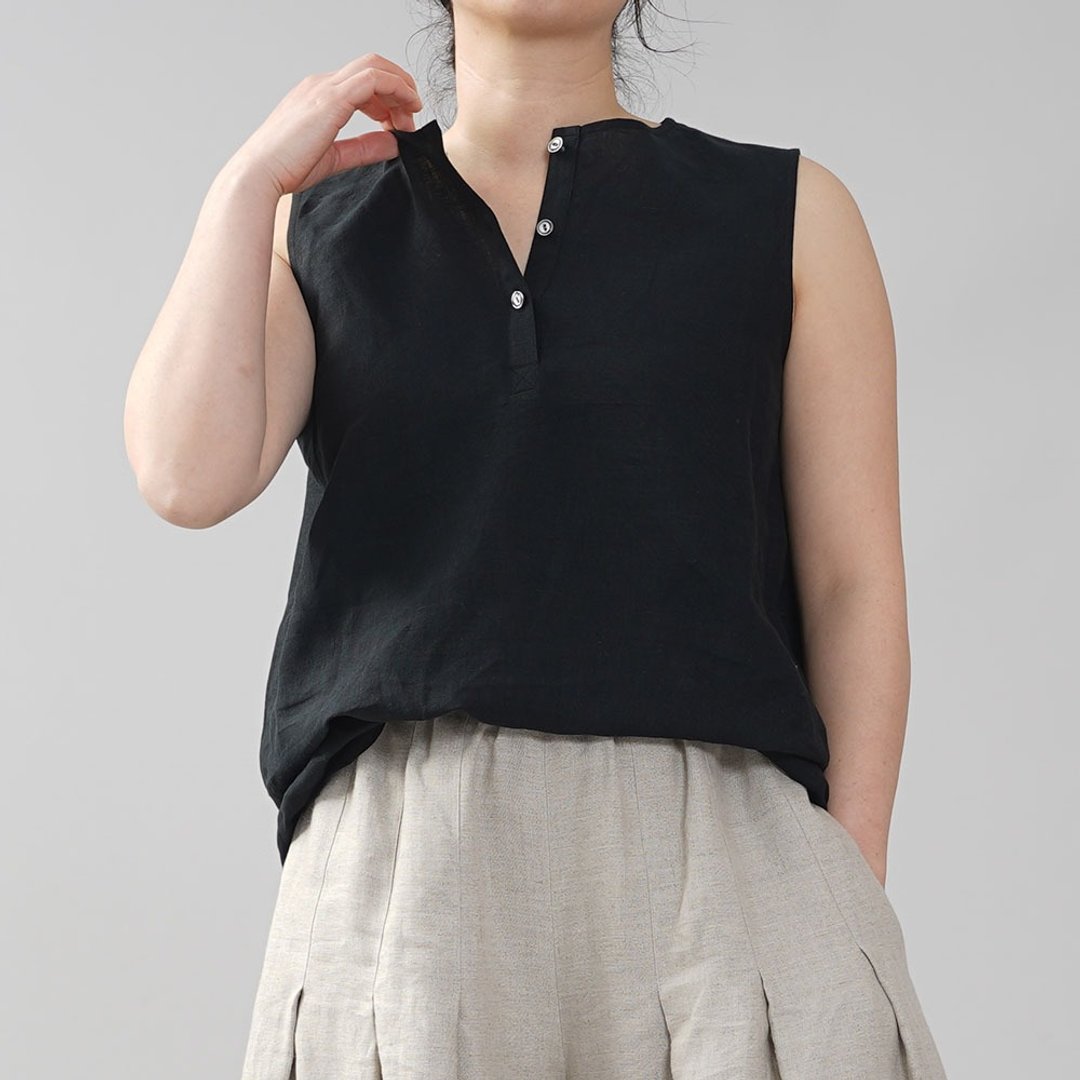 wafu --Pure flax spine Lightweight Linen Henley Neck Tank Top / Black p011a-bck1 - 女装上衣 - 亚麻 黑色