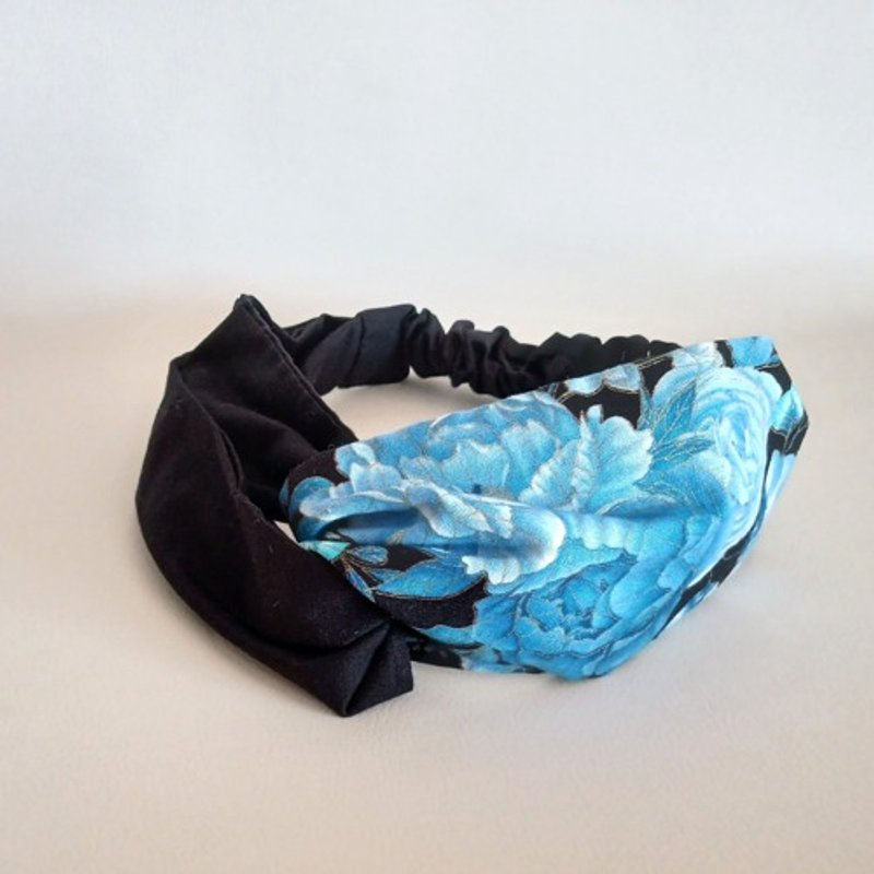 十字体发带头巾浅蓝玫瑰×黑色3 - 发带/发箍 - 棉．麻 蓝色
