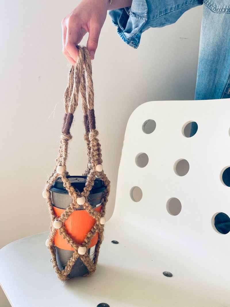 麻绳编织饮料袋B - 随行杯提袋/水壶袋 - 棉．麻 卡其色