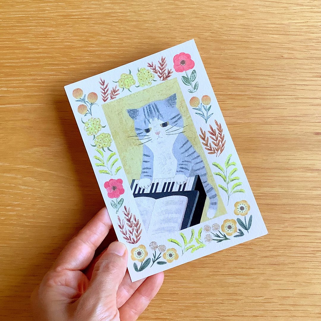 明信片 绘本中的猫咪 #new5 虎斑白猫弹钢琴 - 卡片/明信片 - 纸 
